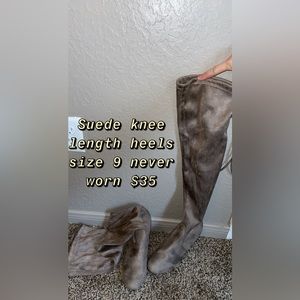 Suede knee high heel booties